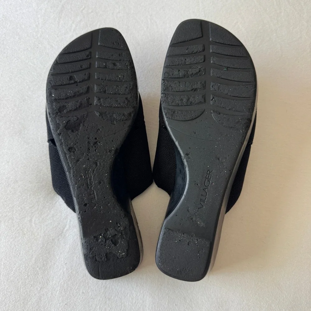 Liz Claiborne Black Wedge Sandals Size 7.5 Fabric Crossover Chunky Slide 90s Y2K